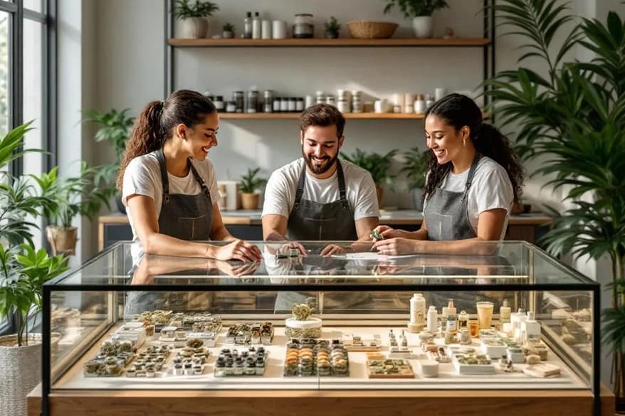 Nature's Wonder Apache Junction Dispensary Staff Assistance Staff at Nature's Wonder Apache Junction Dispensary assisting customers at a counter with a display of cannabis products, surrounded by plants and shelves.